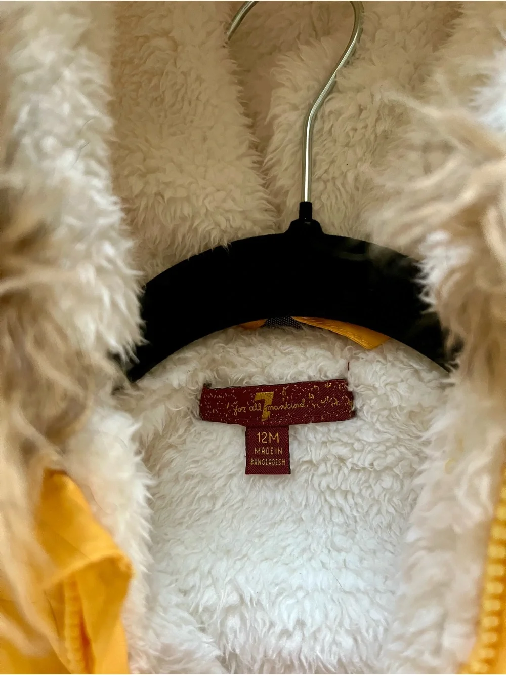 7 For All Mankind Yellow Puffer Jacket with Faux Fur-Trim Hood